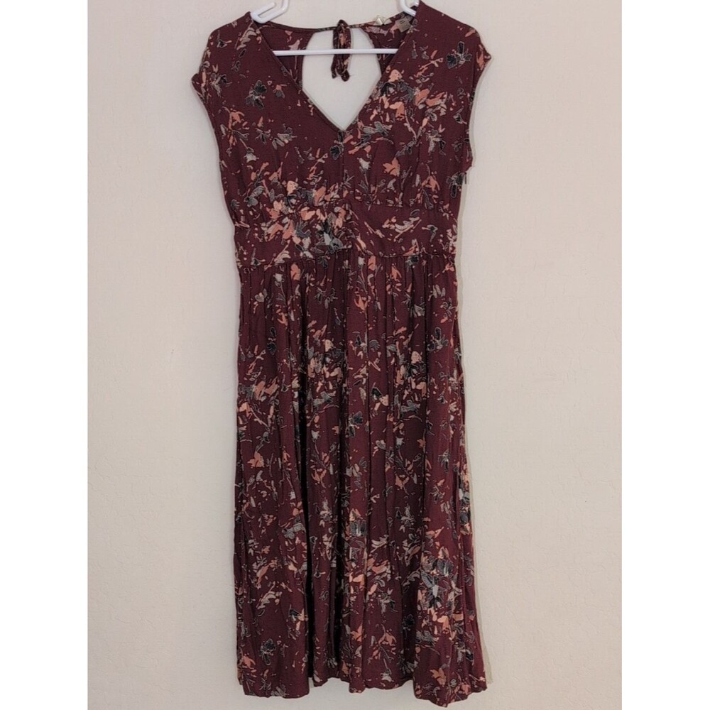 Roxy Retro Poetic Romantic Floral V-Neck Midi Dress Burgundy Maroon - Size M - Picture 2 of 14